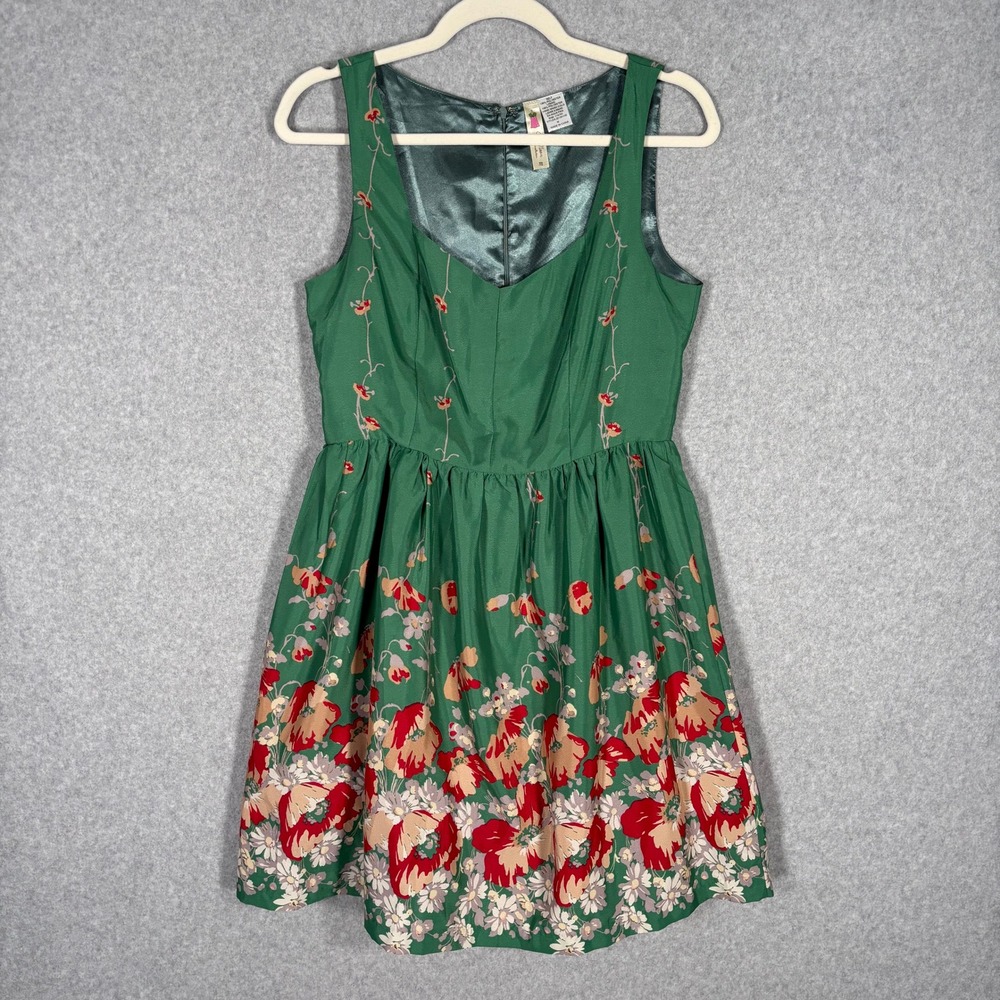 Satin Babydoll Pleated Dress Medium Green Floral Feminine Cottage Forest Fairy